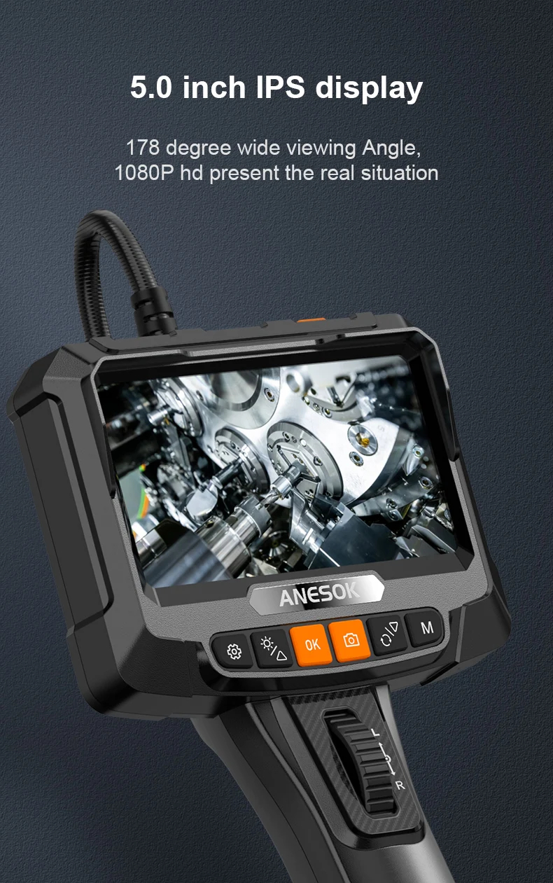 360 degrees Steering Industrial Endoscope Camera 8mm 5inch IPS Screen Single&Dual Lens Inspection Borescope 1080P For Car Engine Pip