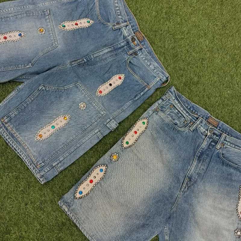 Streetwear New Fashion Blue Washed Diamond Baggy Denim Shorts Women Y2K Harajuku Vintage Hip Hop Popular Casual Joker ShortsT250305