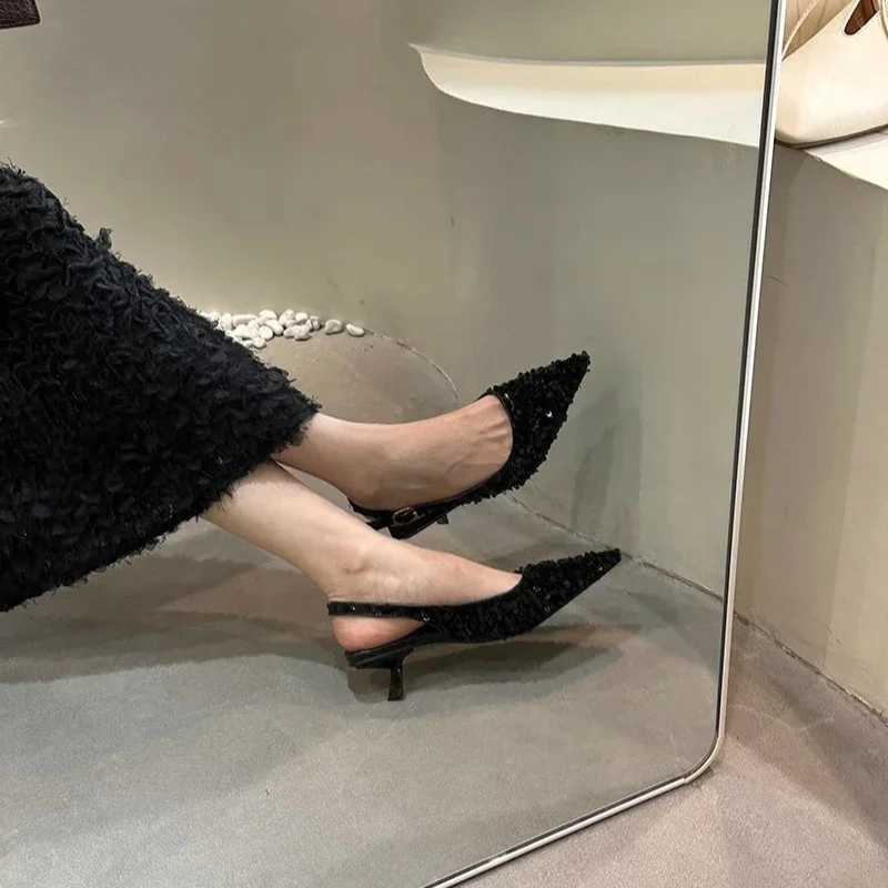 Wens Single Shoes with H Bling Pointed Toe Thin H Shoes Wen French A Sense of High-end Banquet Sandals The Woman Y250304