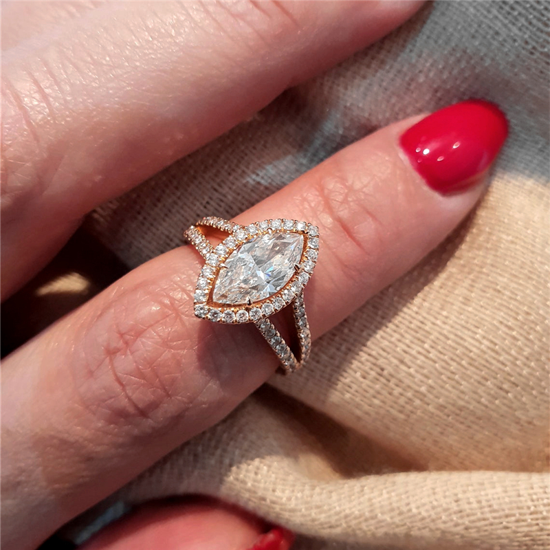 Jewelry 18K Real Gold Engagement Ring For Women 1.0Carat Marquise Halo Split Shank Wedding Gold Ring IGI Certificate Lab Grown Diamond Anniversary Wom