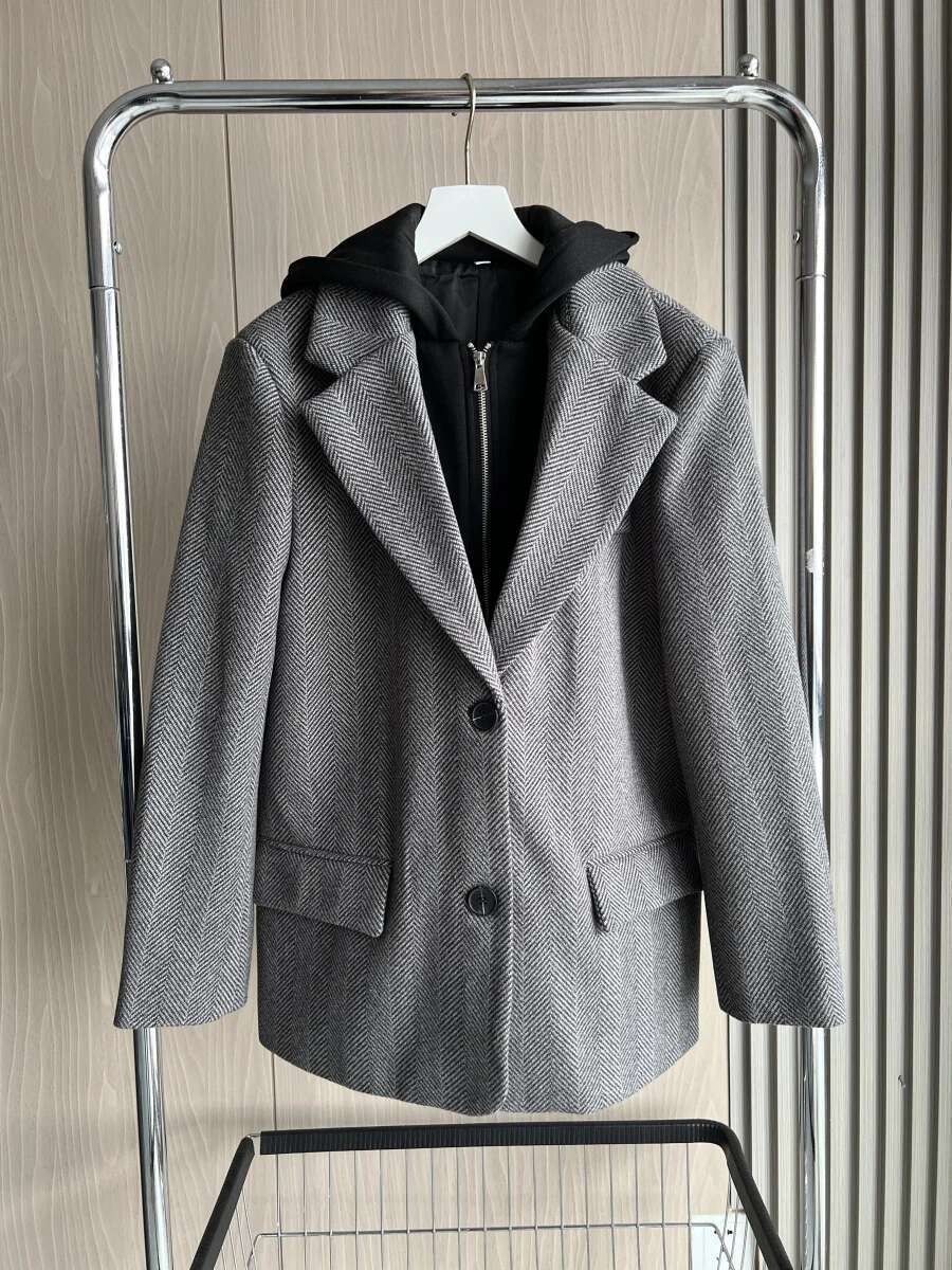 Fall/Winter New Arrivals Women's Hooded Patchwork Herringbone Long Sleeve Shoulder Padded Suit Coat