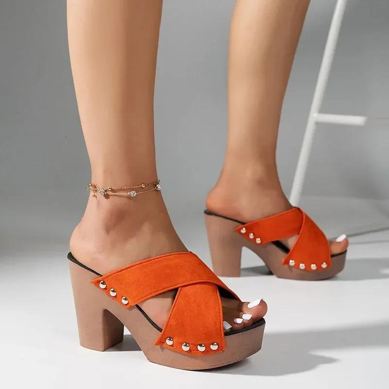 Womens Sandals Summer Square Platform Floor Casual Rivet Pump Womens Leather Toe Elegant High Heels Zapatos De Mujer 250228