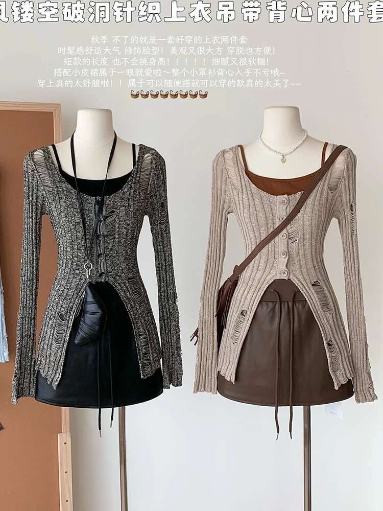 Fall Winter Women Korean 2000S Aesthetic Shoujo Girl Two Piece Sets Crop Top Knit T-Shirts Long Sleeve Hollow Out Tees Coquette