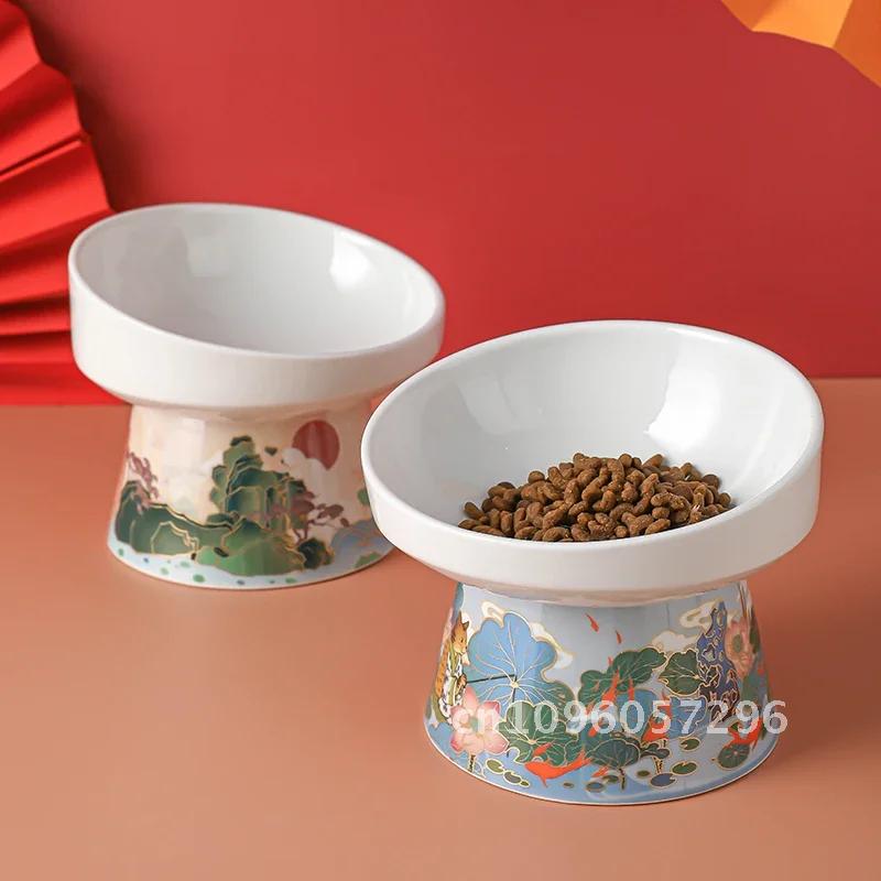 Chinese Style Cat Bowl Ceramic Pet Food Small Feeders Drinking Feeding Dogs Eating Products Supplies Cats Water Elevated