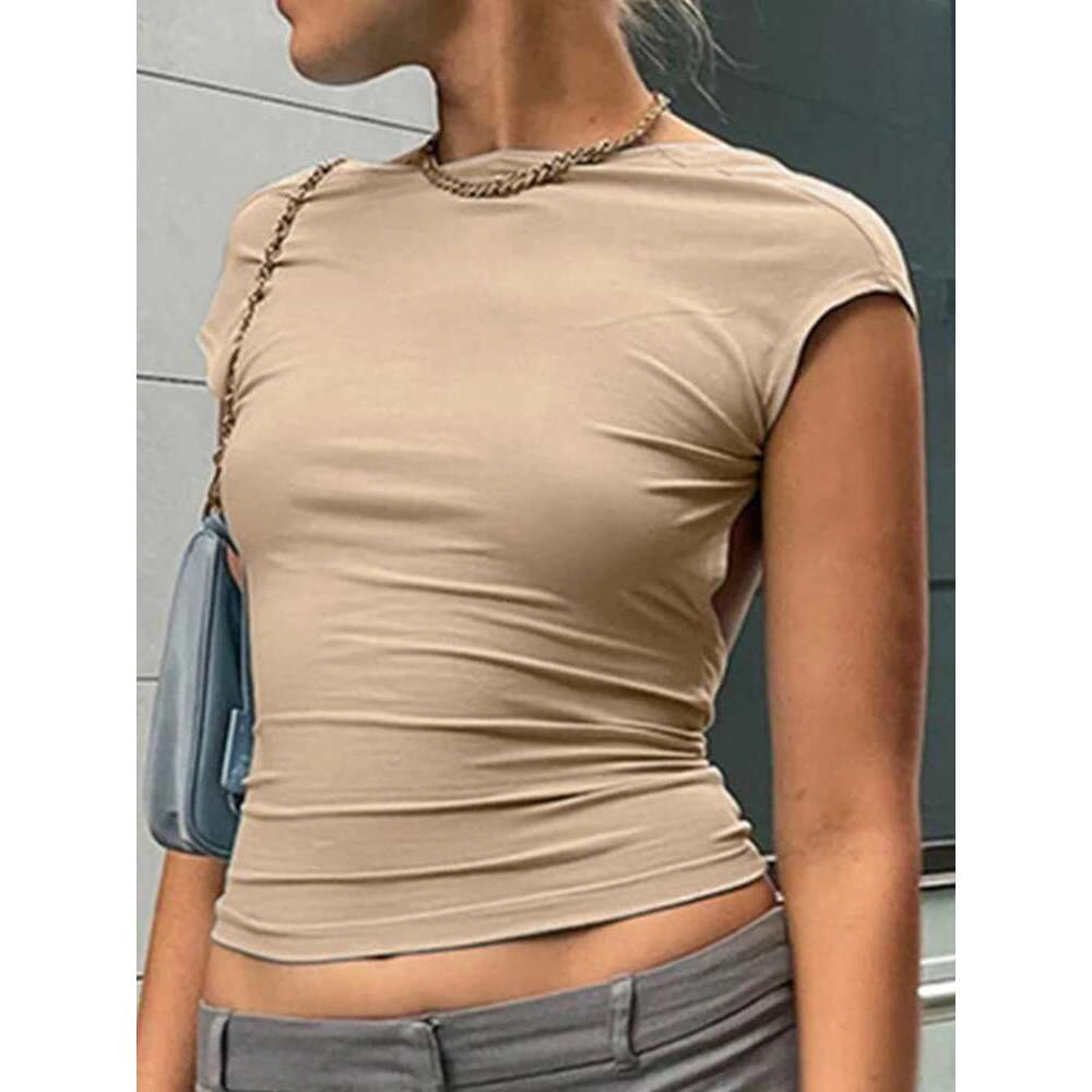 Short Backless Sleeve Blue Y2k Crop Top Women Casual O Neck 2022 Summer T Shirts Sexy Vintage Cut Out KLMY
