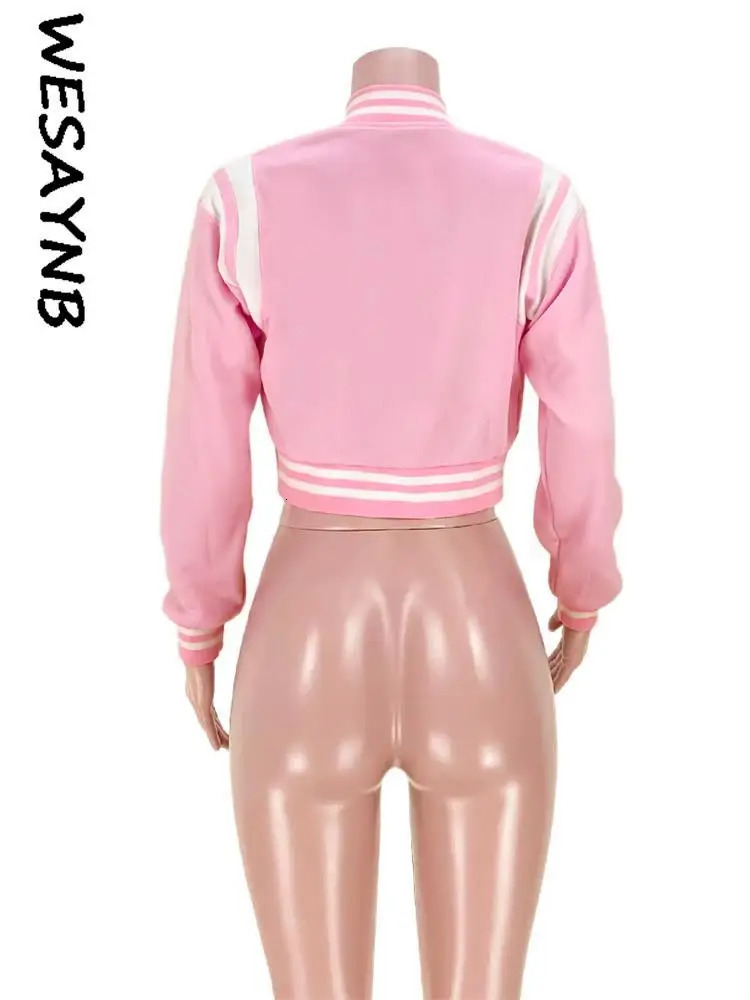 Pink Fashion Baseball Fall Outfits Jackets For Women Button Embroidery Crop Top Jackets Coats Varsity Bomber Jackets 250304