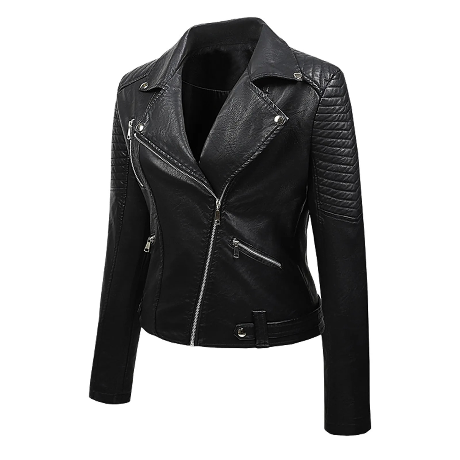 Womens Short Pu Leather Jackets Vintage Suit Pockets Zip Up Motorcycle Outwears Solid Color Bomber Jacket 250226