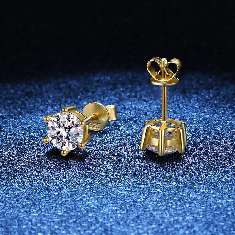 Moissanite Stud Earrings Yellow Gold Plated Sterg Sier Earring, 0.3-2.0 Carat Lab Created Dia Men Women Jewelry