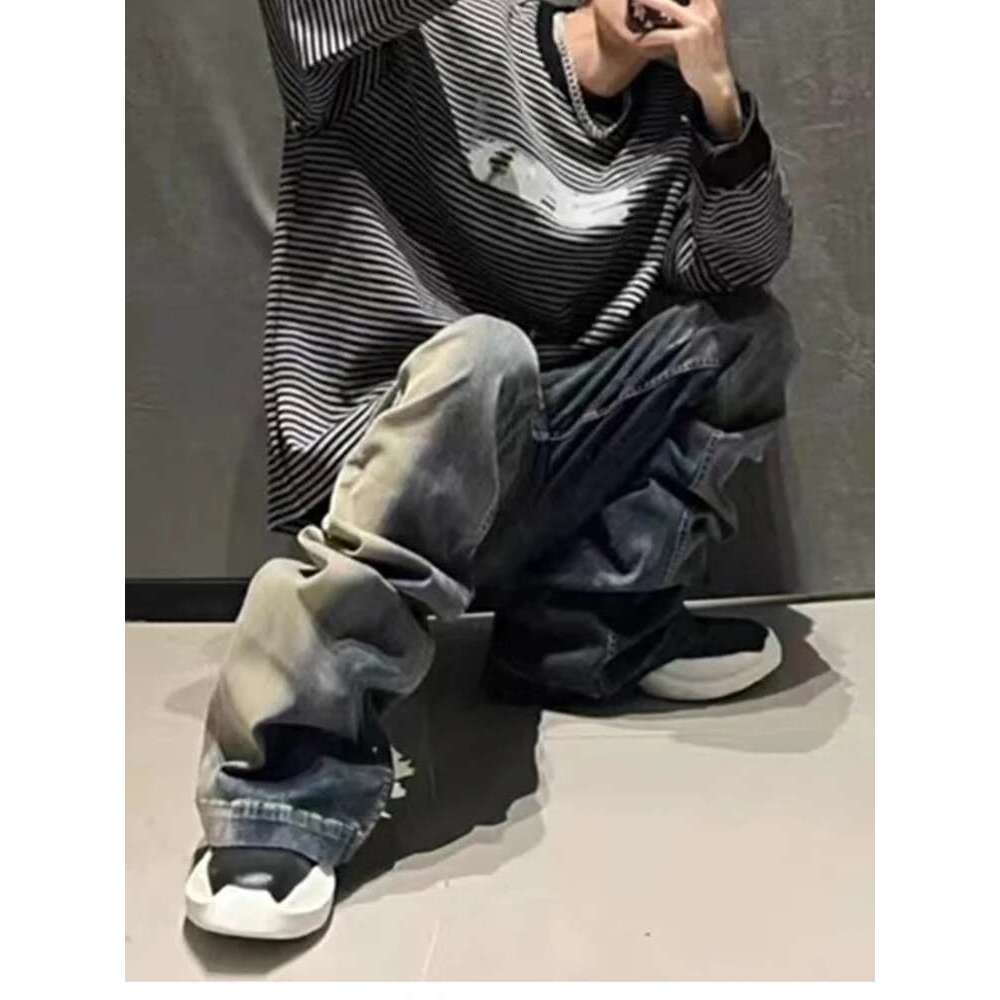 American Fashion Washed Old Gradient Stripe Multi Pocket Drawstring Jeans Men Haruku Street Loose Denim Pants