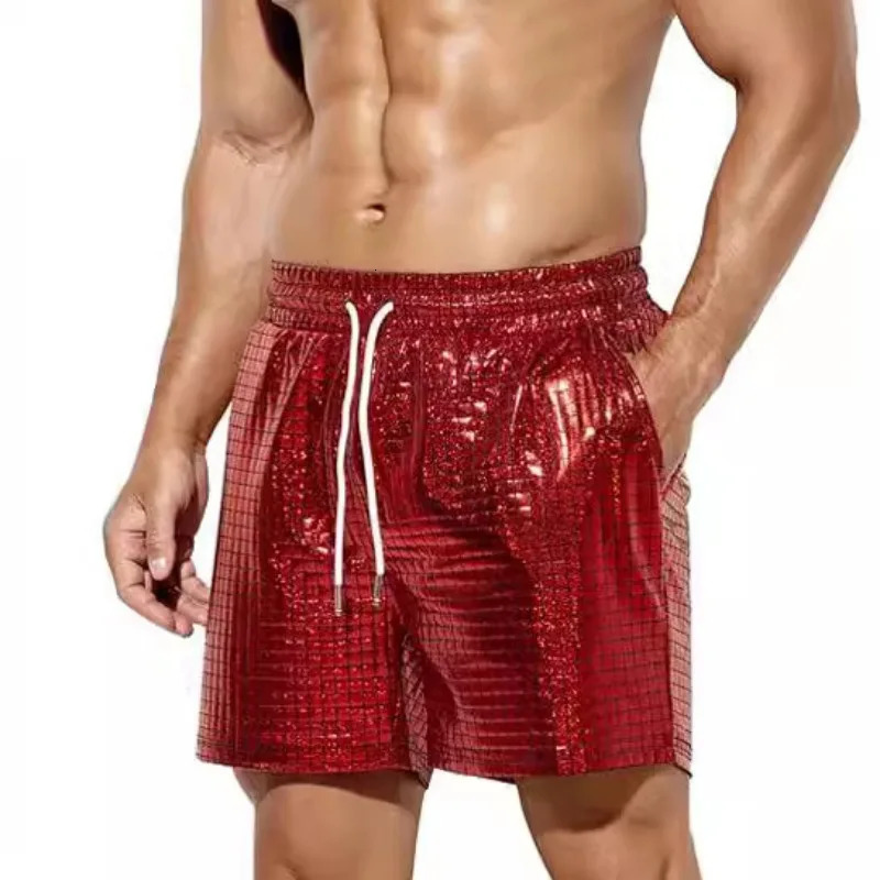 2024 Bright Leather Shorts for Mens Casual European and American Three Color Beach Pants 250304