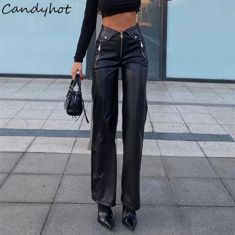 Candy PU Leather Zipper Slim Pants Y2K Casual Party Streetwear Highwaist Straight Leg 2024 Gothic Chic Women Trousers 250304