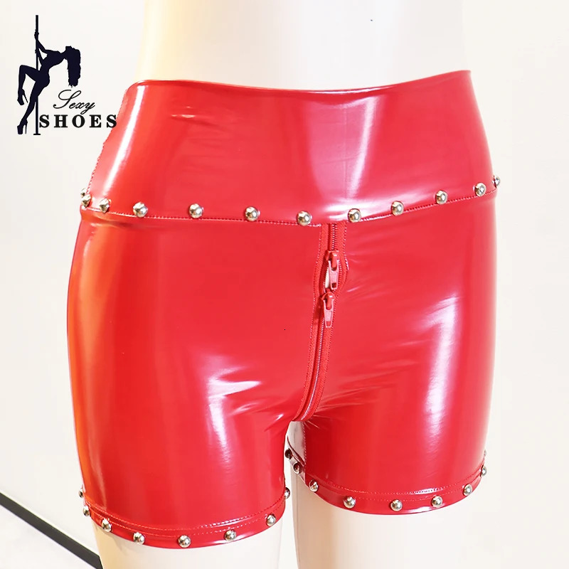 Riveted Womens Pants Double Zipper Sexy Gothic Women Shine Leather Shorts Festival Rave Girl Club Streetwear 250304