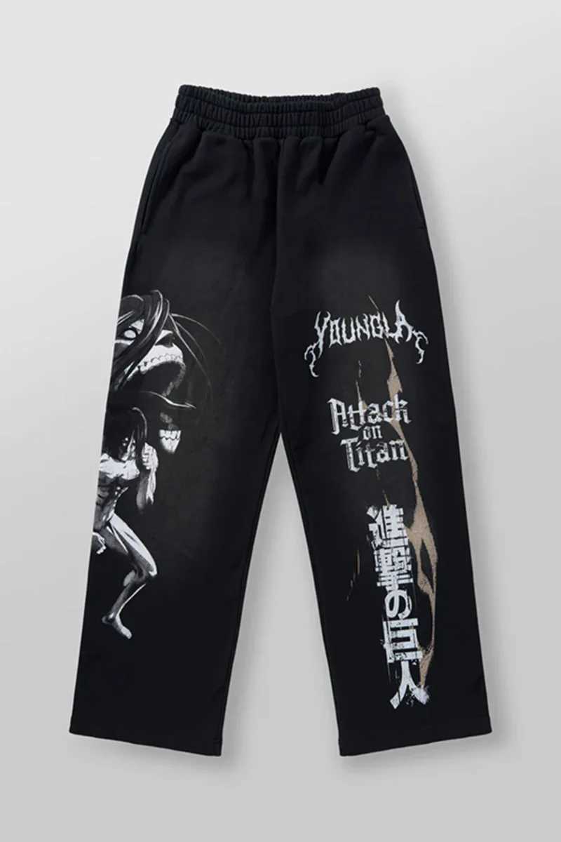 New American sports pants gym running street collaboration anime cool athlete cotton fur printed wide leg casual pants X250305