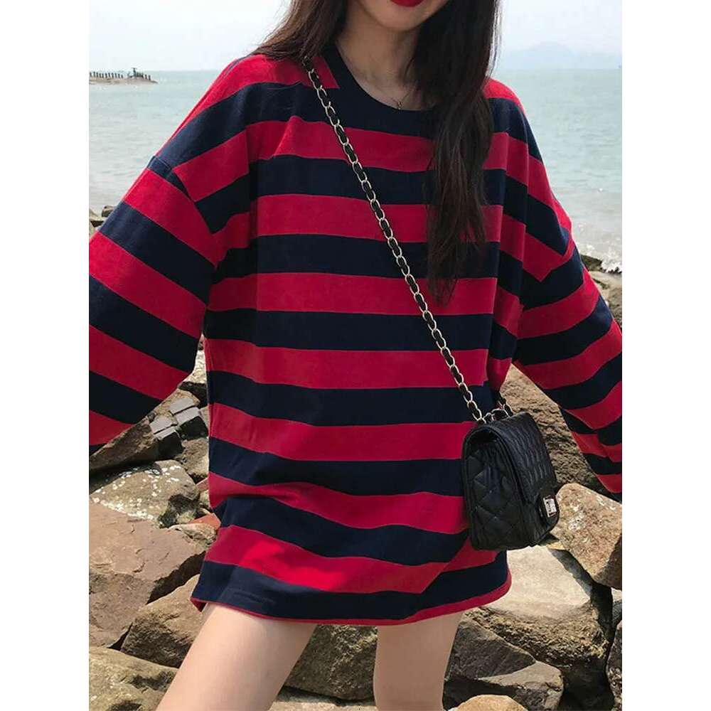 Shirt Striped Streetwear Haruku Couple Female Long Sleeve Gothic Shirts Spring Woman T-Shirt Vintage Blouse Tops KLMY T-