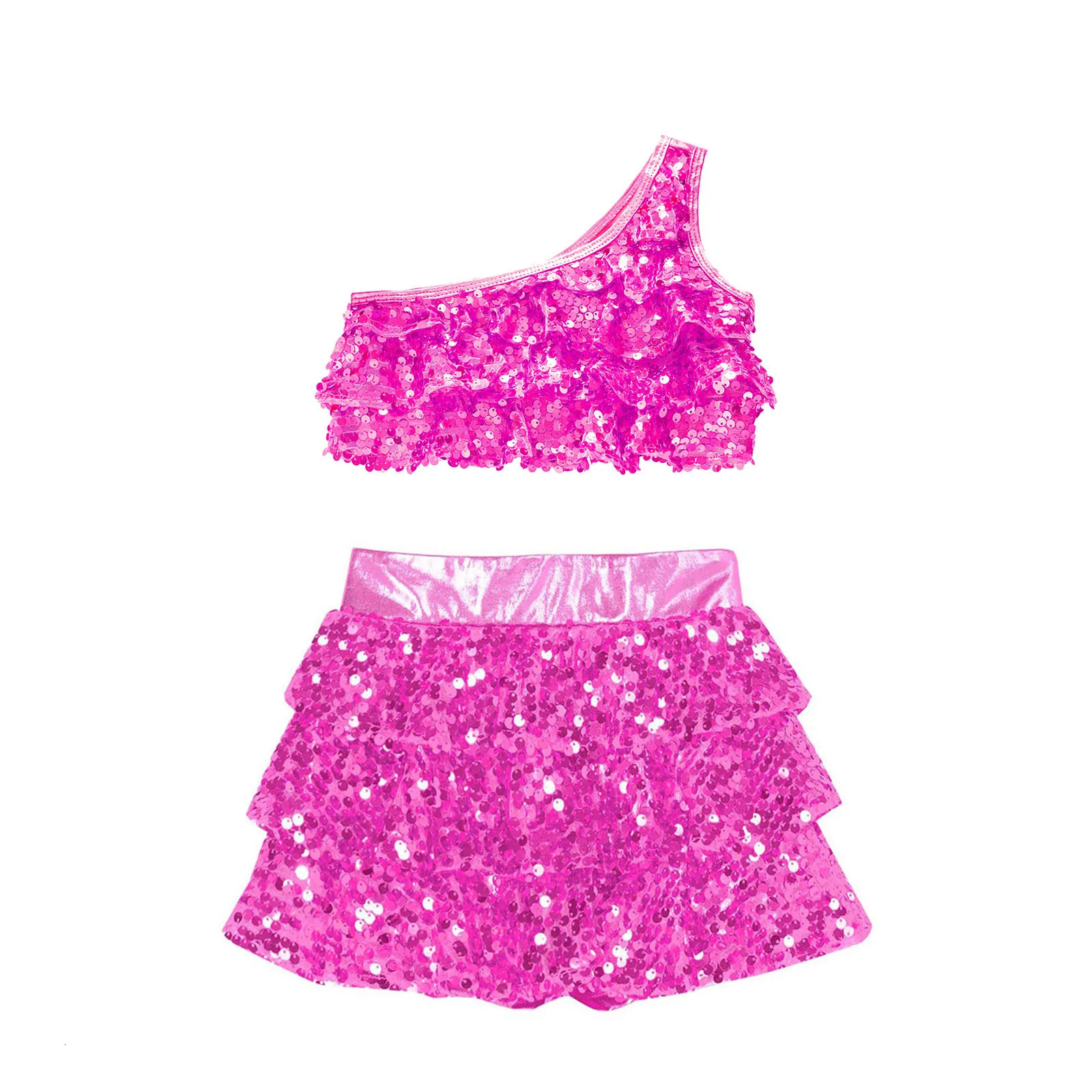 Kids Girls Sequins Jazz Dance Costumes Sleeveless Ballet Gymnastics Crop Top Skirt Set Hip Hop Ballroom Performance Clothes 250304