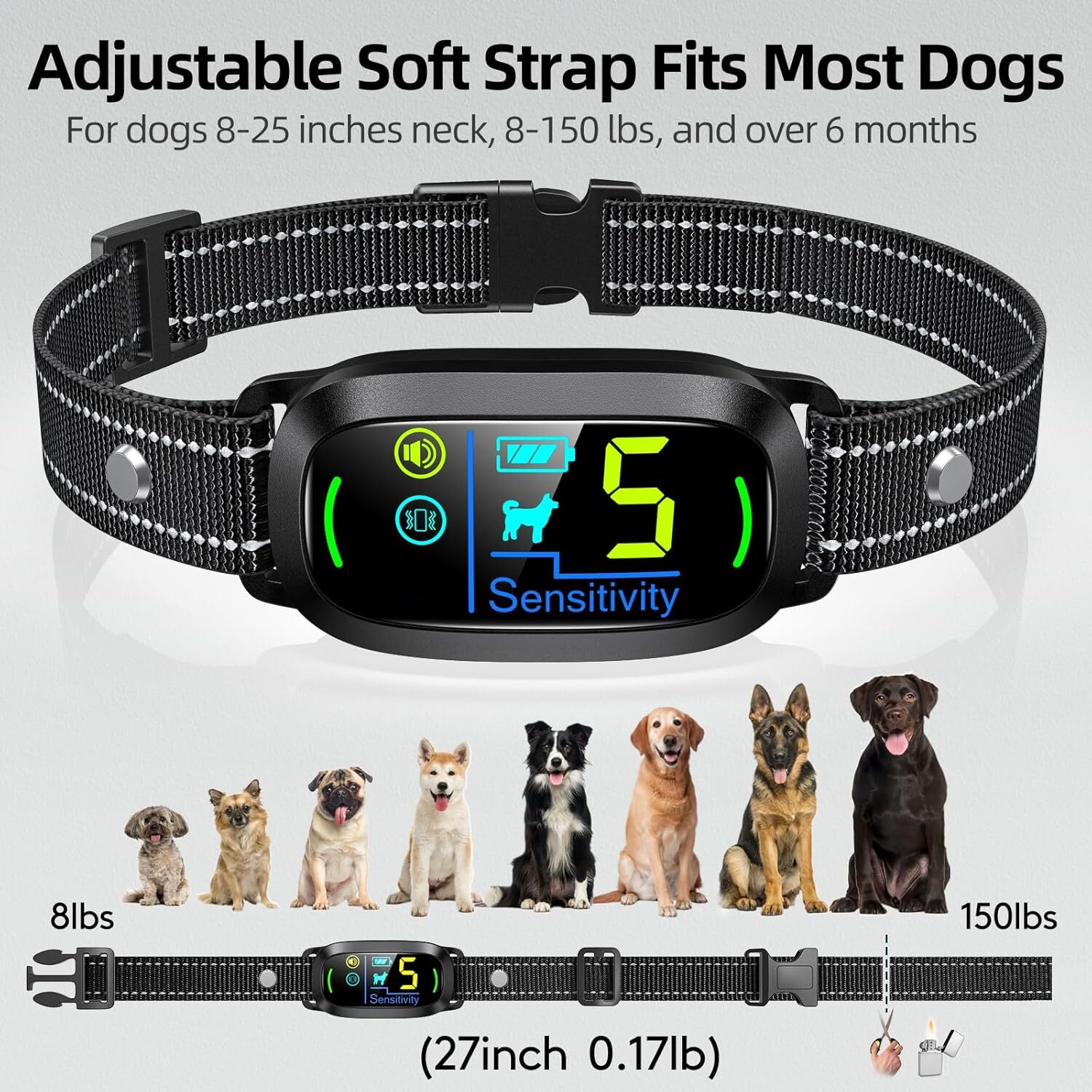 Smart Bark Control Collar - 4 Modes, 5 Sensitivity Levels, Rechargeable & Waterproof Training Collar for Dogs 8-150 lbs Dog kit Dog shick collar
