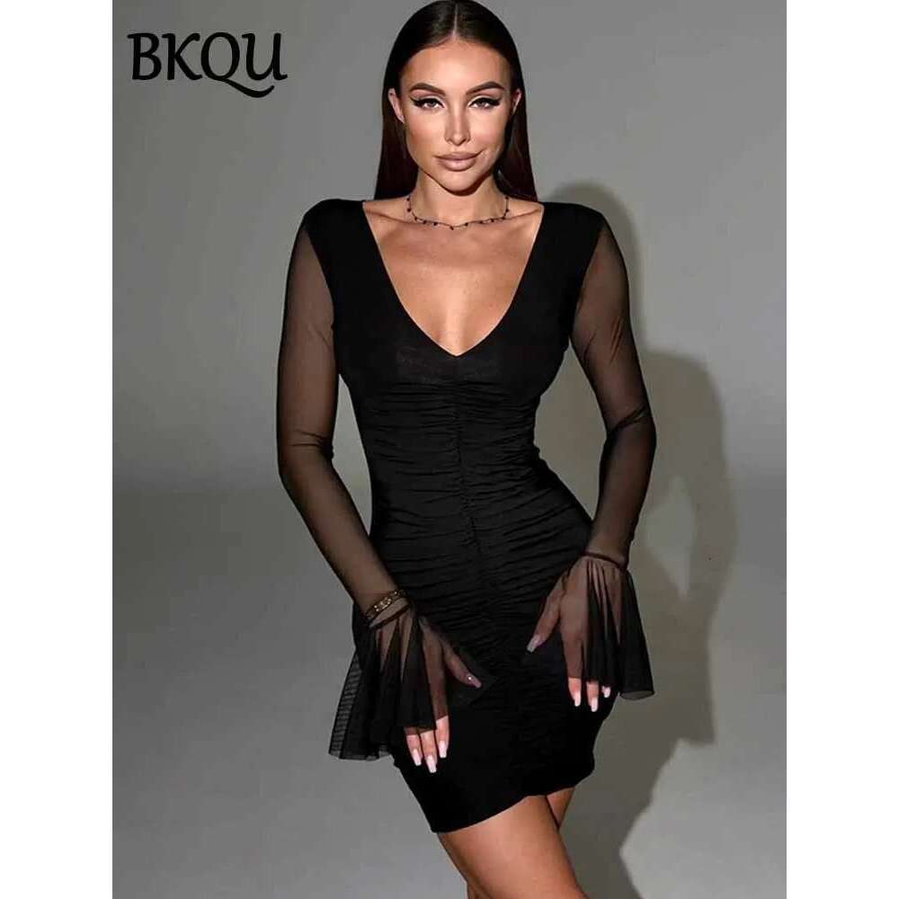Sexy BKQU V-neck Ruched Mini Bodycon Women's Summer Mesh Patchwork Long Flare Sleeve Elegant Night Club Short Dress 2025