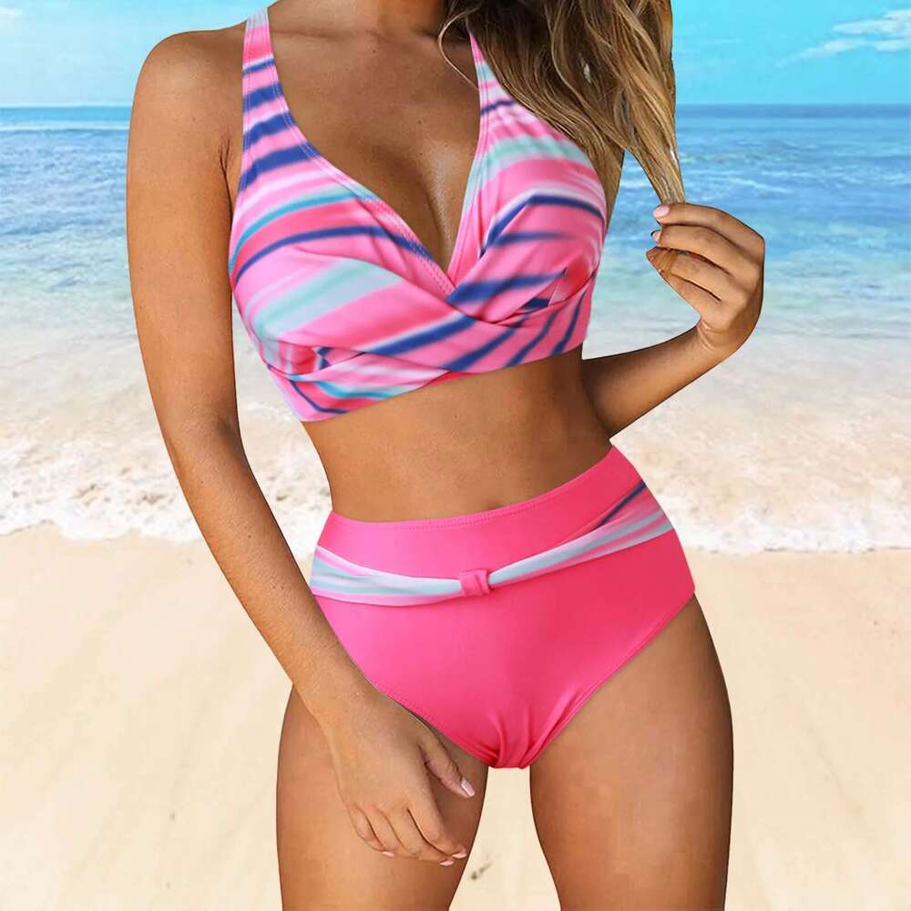 Bandage Sexy Print Bikini Large Size Swimsuit Halter Swimwear Women High Waist Shirring Bikinis Sets Beach Outfits Bathing Suits Km-Ly