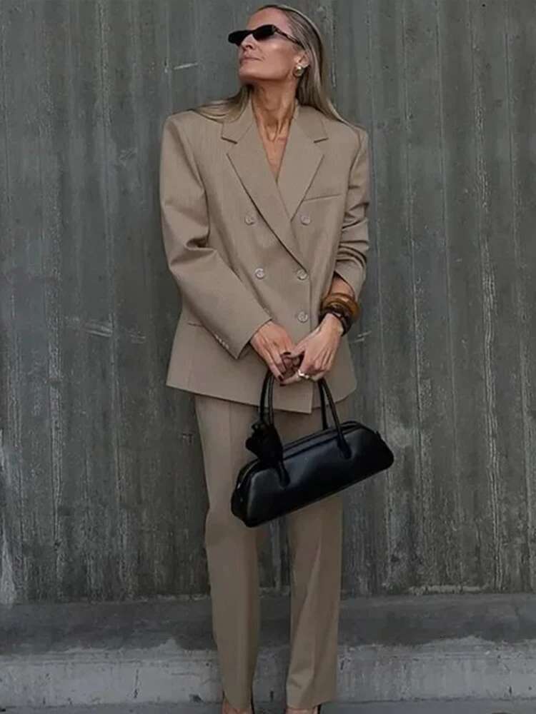Office Solid Color Double Breasted Women Coat Full Sleeve Turn-Down Collar Lady Stripe Jacket 2025 Spring Fashion Female Blazer