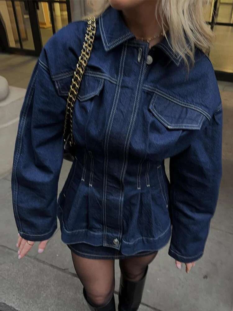 Waist Cinched Denim Top Coat Lapel Commuter Workwear Pocket Mid Length Slimming Jacket 2025 Spring Fashion Street Women Overcoat