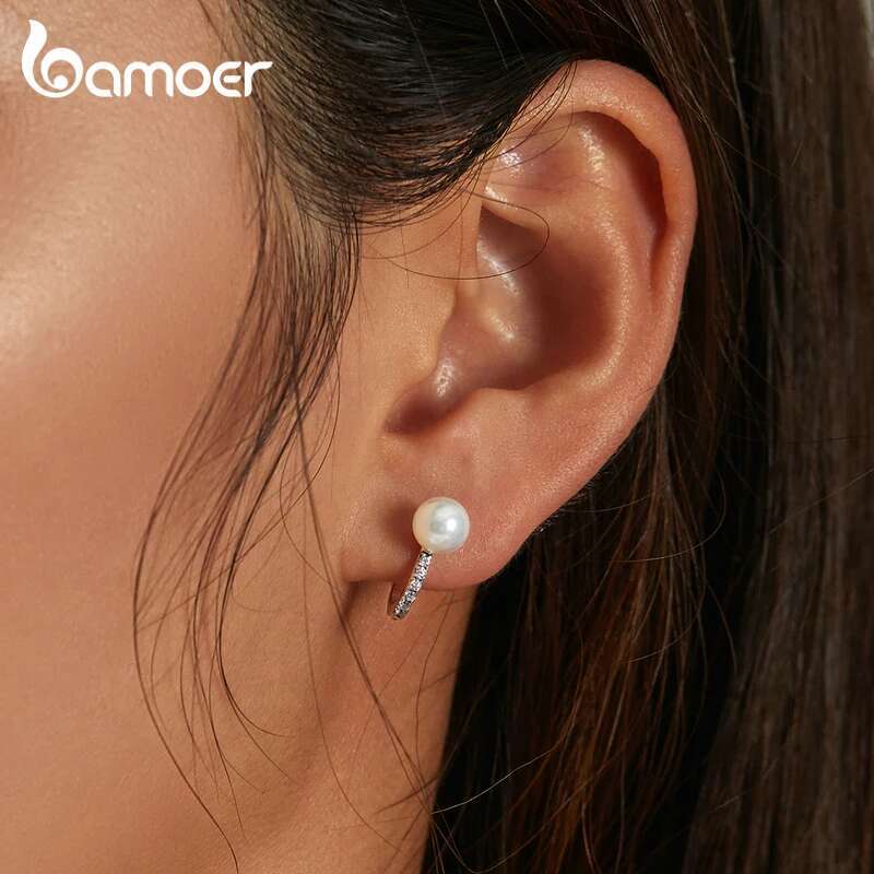 BAMOER Sterg Sier Pearls Ear Buckle Simple Crystal Heart Star Stud Earrings for Women Wedding Jewelry Gift