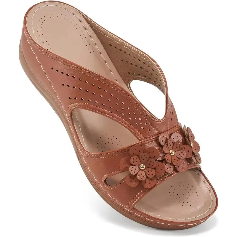 Woman Trend Womens Slippers Casual Flower Hollow Wedge Beach Shoes Outdoor Fashion Platform Comfortable Non-slip Sandals 250228