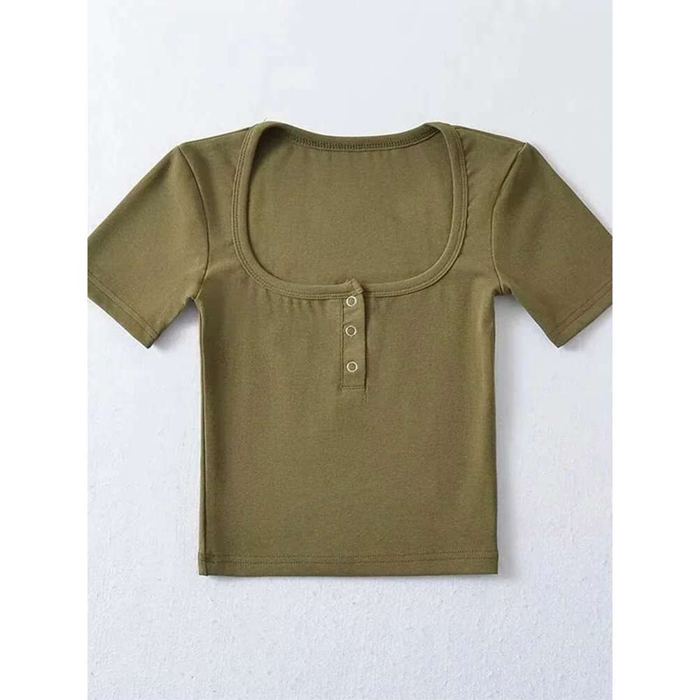 Button Women Front Short Sleeved Crop T-Shirt KLMY