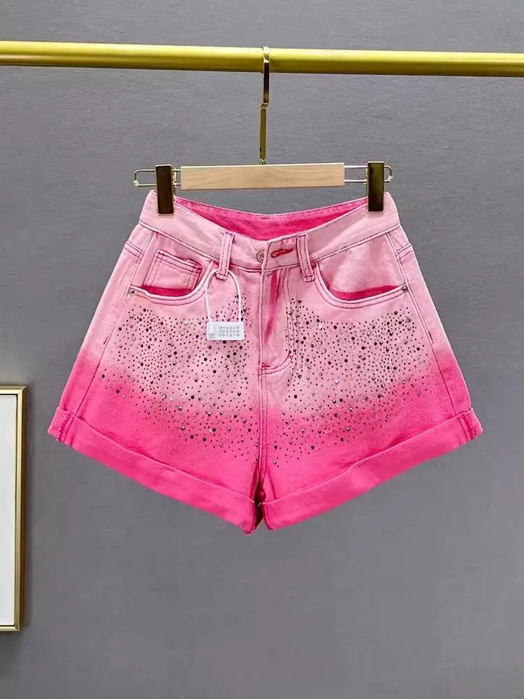 Diamond Denim Shorts Trendy Summer Highwaisted Loose Slimming Cuffed Wideleg Pants 250304