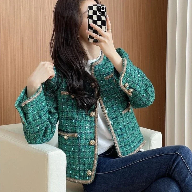 Tweed Wool Blend Coat for Women Round Neck Mixtures Jacket Woman Splicing Outerwears Novelty on Sale In Trendy 250225