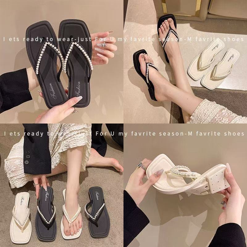 2025 new pearl clip on women's flip flops French niche design square headed pearl beach sandals trendy casual slippers