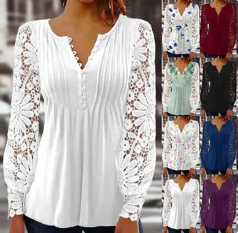 Elegant Fashion Ruffled Ral Print Lace Patchwork Tunic Ladies Tops Women's Casual V Neck Long Sleeve Button T Shirts Clothing