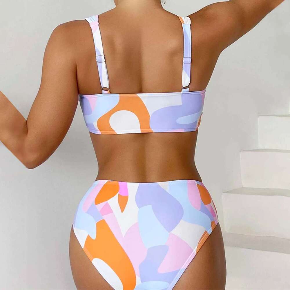 Hanging Female Neck Suspender Two Piece Fashion Print Swimsuit Tankini Swimwear Set Swim Tops For Women Km-Ly