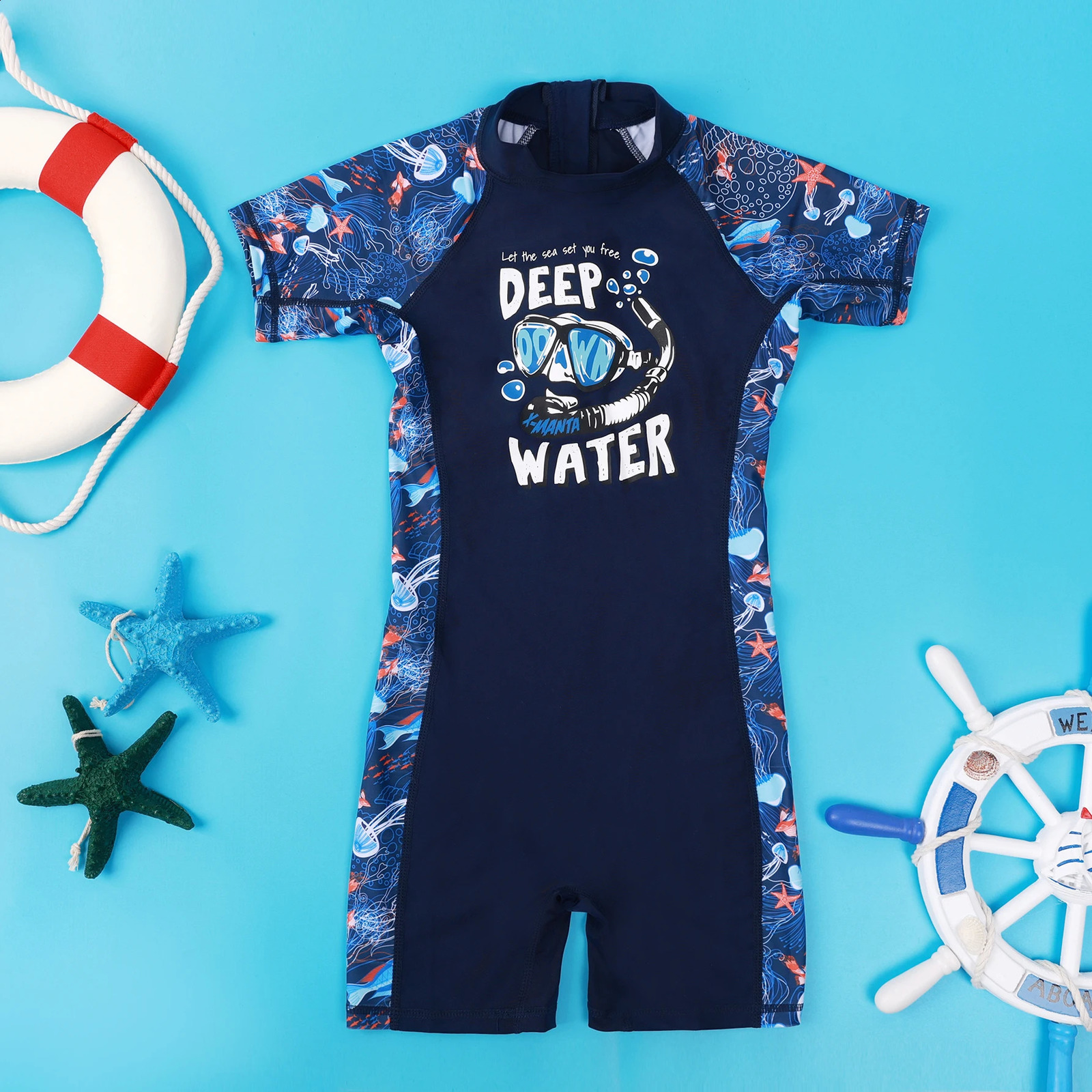 One-Piece Swim Suits Sportswear Girls Boys Summer Swimwear Children Swimsuits Kid Short Sleeve Quick Drying Sun Protection 250304