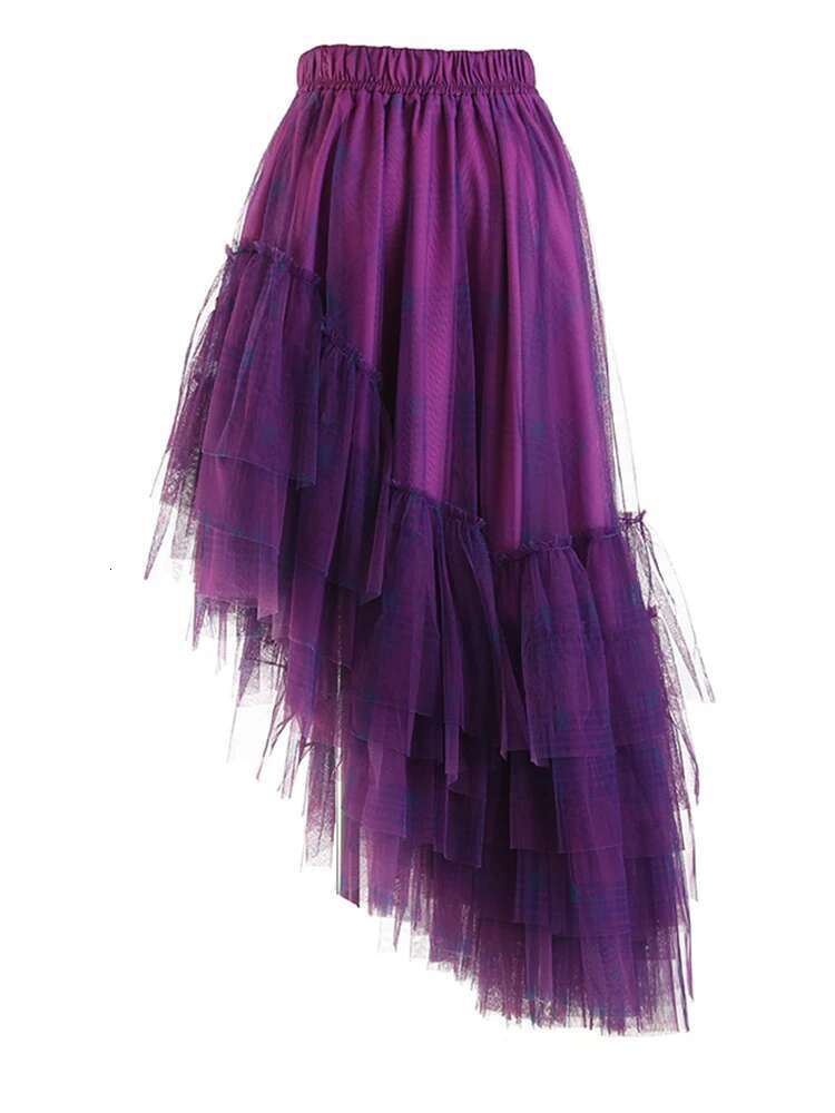 High Elastic Waist Red Plaid Mesh Irregular Long Casual Half-Body Skirt Women Fashion Tide New Spring Autumn