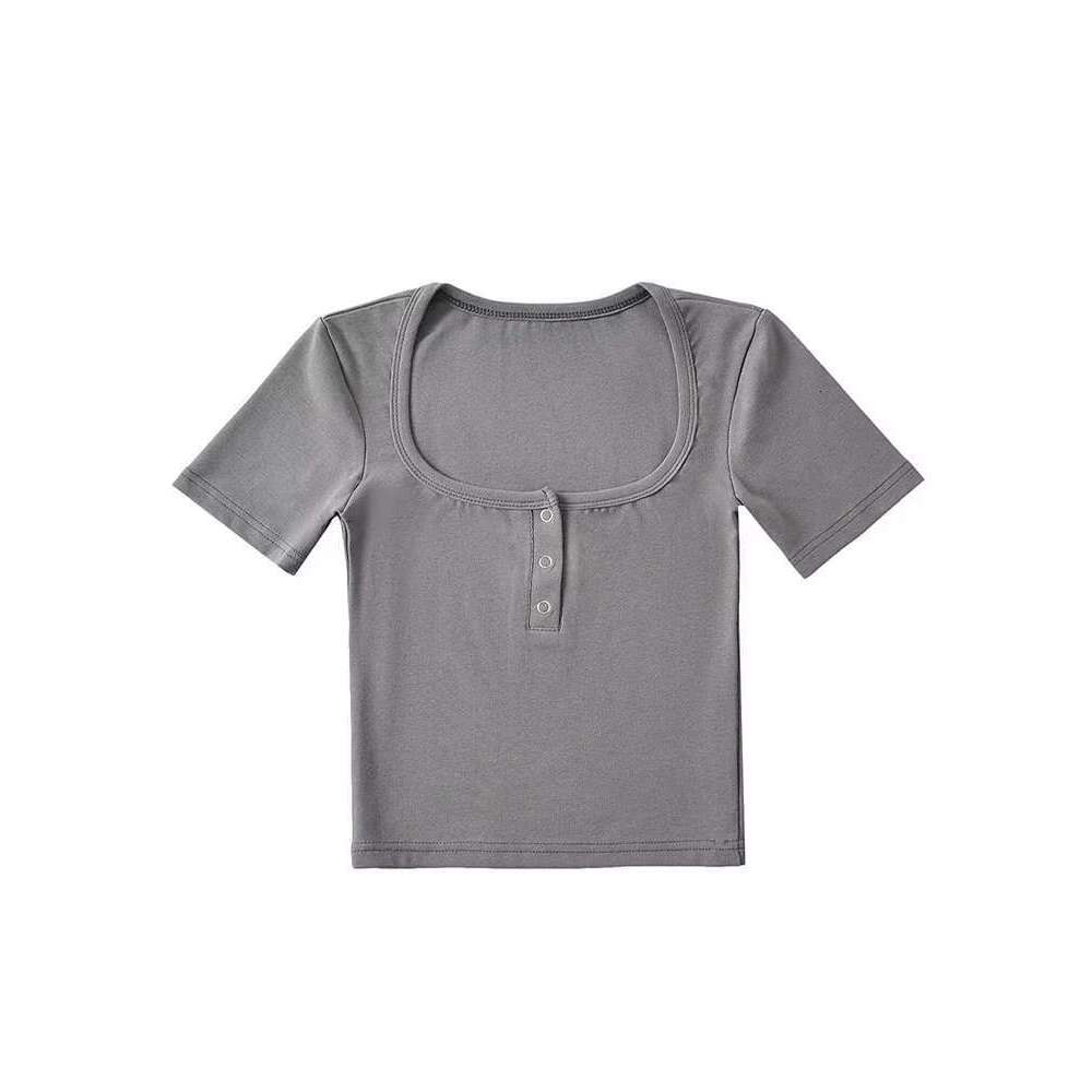Button Women Front Short Sleeved Crop T-Shirt KLMY