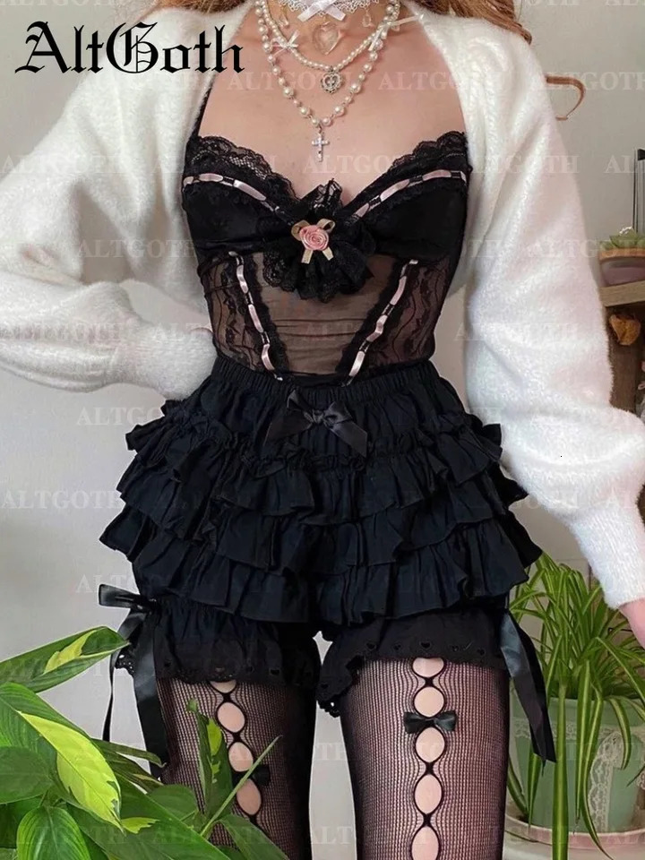 AltGoth Cute Jk Lolita Skirt Short Mall Goth Fairycore Grunge Streetwear Kawaii Bow Patchwork Cosplay Shorts Female 250304