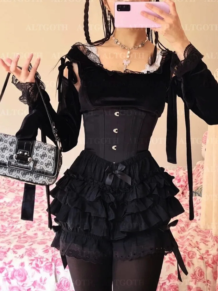 AltGoth Cute Jk Lolita Skirt Short Mall Goth Fairycore Grunge Streetwear Kawaii Bow Patchwork Cosplay Shorts Female 250304