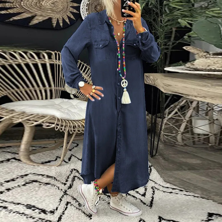Vintage Womens Elegant Shirt Jeans Dress Large Size Turn Down Collar Solid Full Sleeve Loose Plus Long Dresses 250225