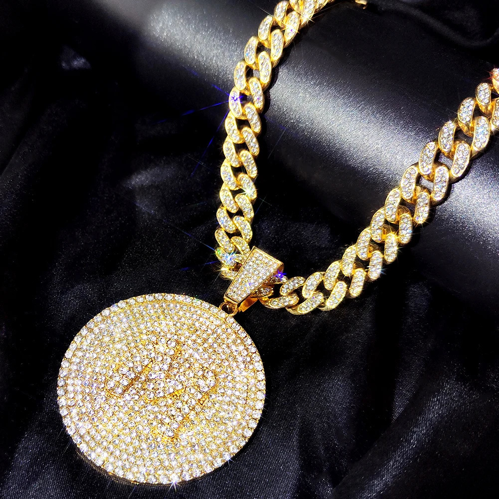 Bling A-Z Letters Pendant Necklace for Men Women Crystal Miami Cuban Link Chain Round Initials Necklace Fashion Jewelry 250305