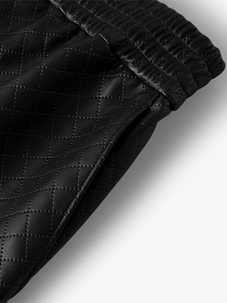 LautaroWomens Black Soft Faux Leather Wide Leg Shorts High Elastic Waist Diamond Plaid Bottoms Loose Casual Spring 250304