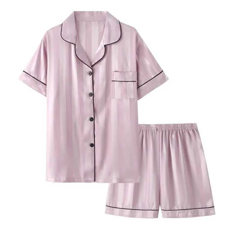 2Pcs Women Sleep Lounge Set Plus Size Seamless Satin Pajama Top Short Set Striped Button Up Short Sleeve Shirt Pants PajamasT250305