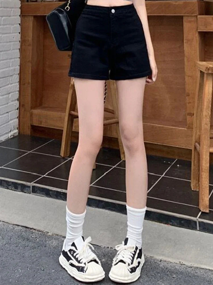 Womens 90s fashion black gothic denim shorts retro high waisted Aline mini Y2k Harajuku Korean Emo 2000s clothing 250304