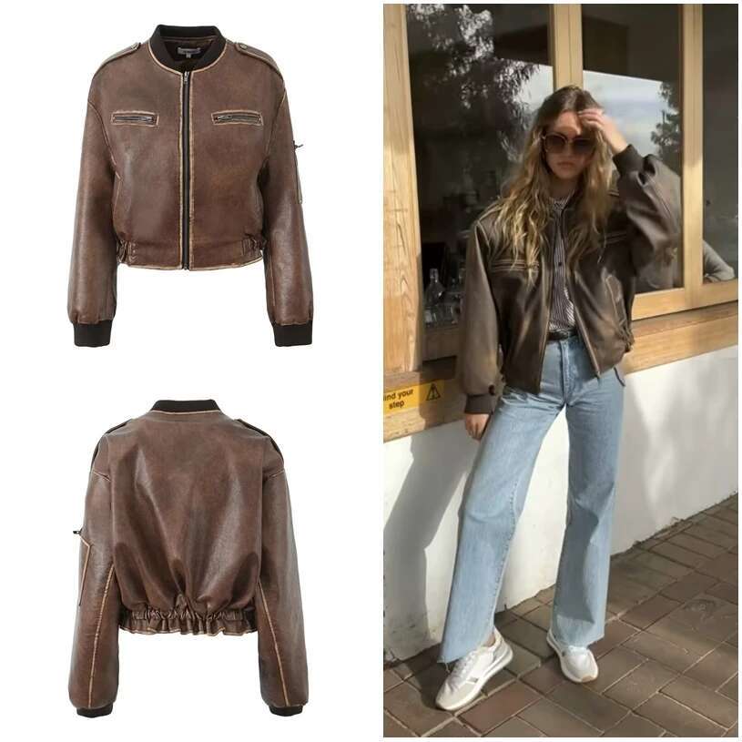 Women's Traf 2024 Y2k Vintage Do Old Zipper Epaulets Embellished With Brown Faux Leather Biker Jacket