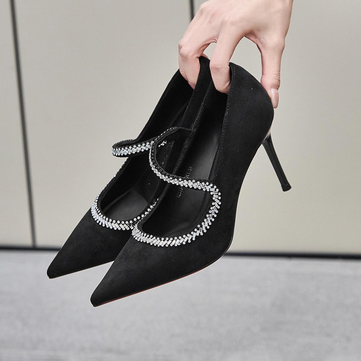 Latex insole suede pointed toe, thin heel, black high heels, straight cut with rhinestones, shallow mouth single shoe, 2025 early spring new style, se