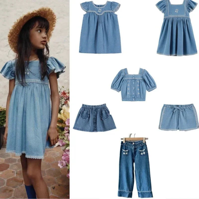 OUYANG IVAN Children Sets 25 Summer EM Girl Cute Embroidered Printed Short Sleeve Dress Kid Top Shorts Sets Blouse Skirt 250304