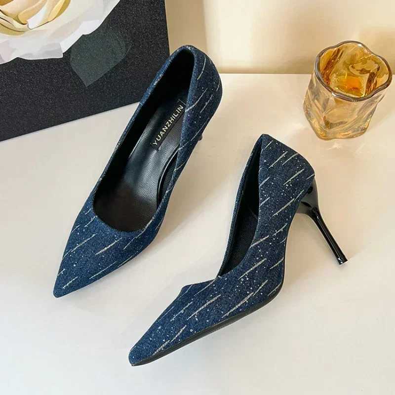 Size Up Shoes Fi Wen Summer High H Wedding Shoes Denim Pointed Stiletto High Heels Work Shoes 8cm High H Y250304