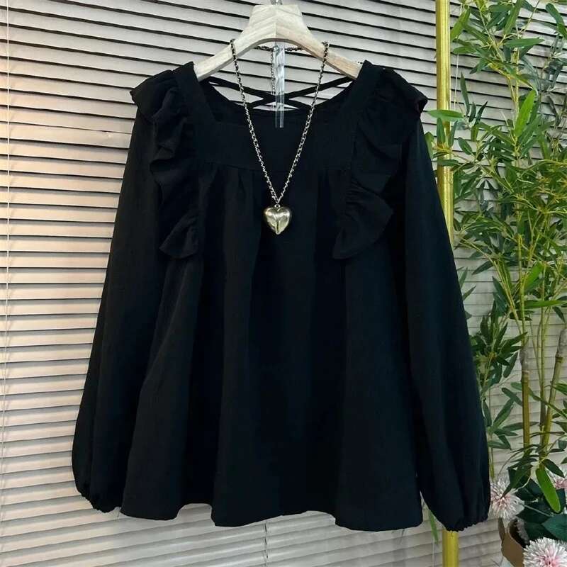 New Women's Shirt 2024 Spring Autumn Long Sleeve Lotus Leaf Edge Casual Ladies Tops Design Sense Square Neck Loose Lady Blouse