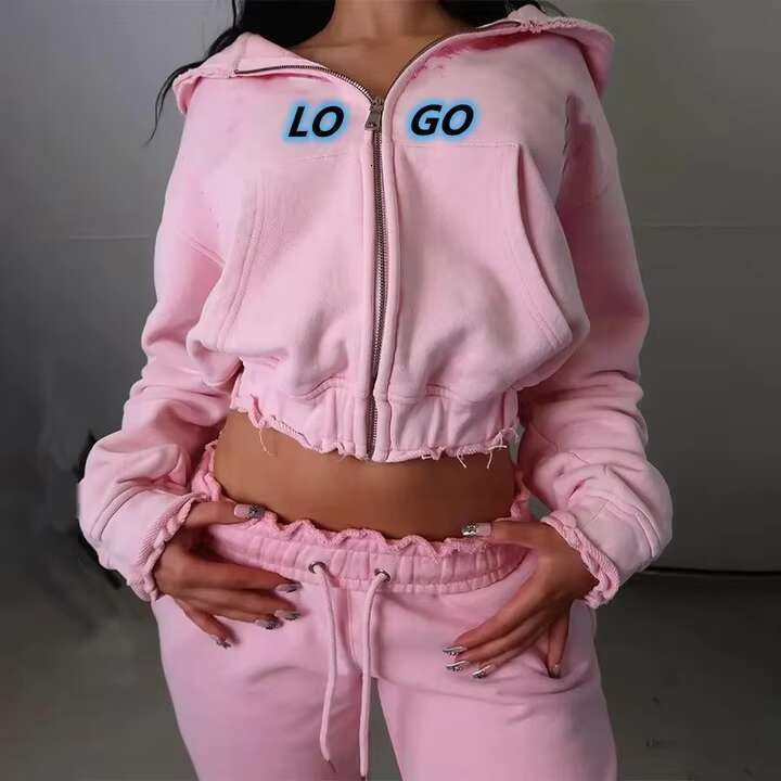OEM Zipper-Up Woman Good High Quality Distressed Embroidery Zip Up Hoodies And Jogger Set Women Tracksuit For Sale