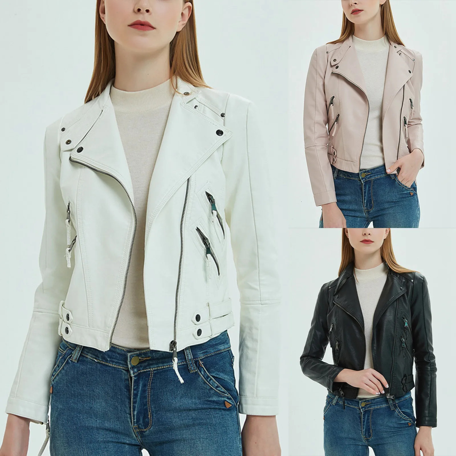 Womens motorcycle leather jacket zipper casual lapel crop coat long street short sleeved autumn and winter fashionable top 250226