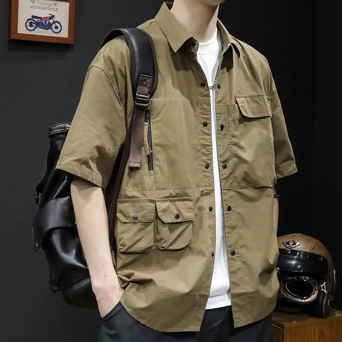 Mens Shirts Plain Short Sleeve with Pocket Shirt Clothing Summer Japanese Vintage Aesthetic Casual Fashion 2024 I 250227